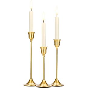 Tifanso Taper Candle Stick Holder - 3pcs Brass Gold Goldar Tall Candlestick Holders Metal Vintage Decor Table Room Room Concerces for Wedding Fireplace Mantel Houswarming Gift