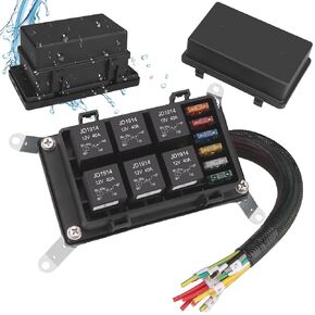12V Fuse Relay Box, 6 Way 5-Pin Relay Fuse Box, Pre-Wired Waterproof Relay Box with 6 Relays and 6 ATC/ATO Fuses Relay Panel for Cars Truck Marine Boat Jeep (W/Harness Kit)