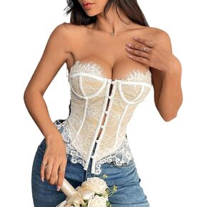 Women's Lace Trim Sexy Low Cut Curve Button Down Strapless Corset Top Bustier Tube Tops