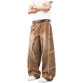 Mens Baggy Jeans Street Rock Style Fringe Frayed Edges Jeans Patchwork Wide Leg Skater Denim Pant in Kuwait
