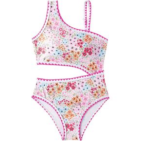 Floerns Girl's One Piece Swimsuits Floral Asymmetrical Neck Cut Out Monokini Swimwear