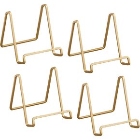 TRIPAR 4 Pack 4-Inch Metal Gold Painted Square Book Holder/Stand, Wire Mini Easel, Small Photo Stands for Table, Display for Picture Frames, Plaques & Plates