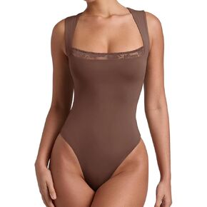 REORIA Women’s Sexy Square Neck Summer Sleeveless Lace Double Lined Basic Bodysuits Trendy Going Out Tank Tops