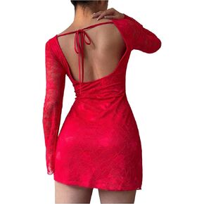 SOLY HUX Women's Lace Mini Dress Tie Backless Bell Long Sleeve Crew Neck Bodycon Dresses