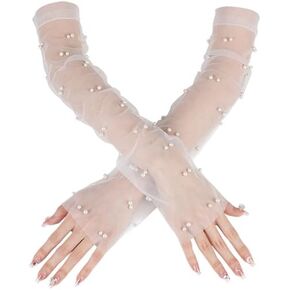 White Lace Sheer Gloves, Bridal Gloves with Pearl for Wedding, Fingerless Glove for Women Girls Long Elbow Wedding Glove for Tea Opera Party Hallowmas Costume