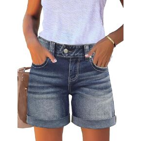 Flamingals Mid Rise Denim Shorts for Women Stretchy Distressed Bermuda Folded Hem Summer Trendy Casual Jean Shorts