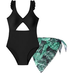 Happy Cherry Girls One Piece Swimsuit with Coverup Mesh Skirt Cut Outs Ruffle Cute Bathing Suits for Teens Padded Swimwear