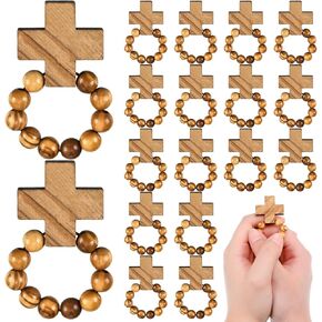 Landical 24 Pcs Olive Wood Finger rosaries Bulk First Communion Wooden Pocket Rosary Ring with Pendant Mini Cross Prayer Baptism Favors for Guests Men Women Catholic Lent Accessories Devotional Gift