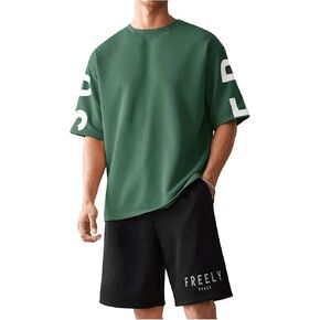 GORGLITTER Men's 2 Piece Shorts Set Letter Graphic Tracksuit Short Sleeve Crewneck T Shirt Outfits
