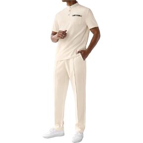 Men's 2 Piece Outfits Button Up Banded Collar Shirts and Drawstring Waist Pants Clothing Set