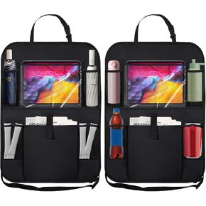 2PCS Car Backseat Organizer with Clear 10" Tablet Holder + 5 Storage Pockets - Seat Back Protector Kick Mats for Kids - Car Back Seat Storage Organizer - Road Trip Essentials Travel Accessories