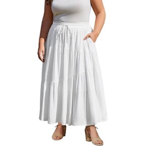 Moon Wood Women's Plus Size Tiered Maxi Skirt Elastic High Waist A Line Flowy Long Maxi Skirt with Pockets