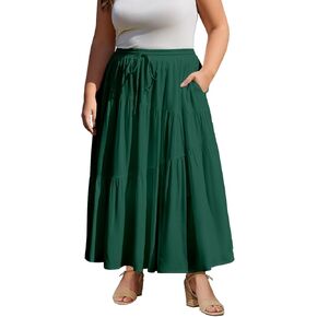 Moon Wood Women's Plus Size Tiered Maxi Skirt Elastic High Waist A Line Flowy Long Maxi Skirt with Pockets in Kuwait
