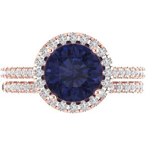 Clara Pucci 2.56 ct Round Cut Blue Sapphire 14k White Gold Halo Solitaire with Accents Wedding Bridal Promise Ring Band Set