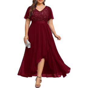 Pinup Fashion Plus Size Formal Dress - Evening Wedding Guest Cocktail Sequin Chiffon Long Dresses with Slit