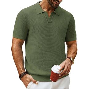 PJ PAUL JONES Mens Polo Shirts Short Sleeve V Neck Knit Textured Polo Knitted Golf Shirt