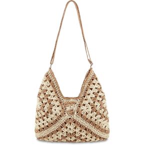 Straw Hobo Beach Bag for Women, Woven Tote Bag Summer Crochet Shoulder Bag,Vintage Foldable Handbag for Travel
