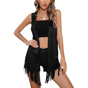 Womens Fringe Vest Sleeveless Open Front Western Jackets Faux Suede Tassel Waistcoat 70s Hippie Vest Outerwear
