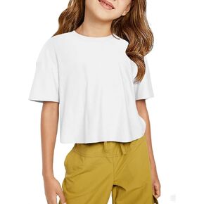 Yousify Girls Athletic T Shirts Kids Summer Crewneck Short Sleeve Fashion Crop Tops Tees 5-14 Years