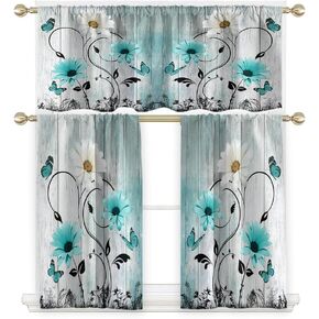 AAtter Teal Floral Kitchen Curtains Valance and Tiers Set 3 Piece Rustic Flowers White Daisy Butterfly Rod Pocket Small Short Living Room Bedroom Bathroom Window Curtains 52x18 inch + 26x36 inch*2