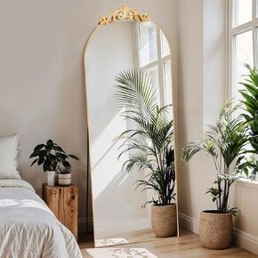 Vintage Baroque Full Length Mirror, 65"X24" Antique Large Arched Full Body Mirror Freestanding with French Carving Top, Full Metal Frame Stand Up Retro Mirrors for Bedroom Living Room, Gold