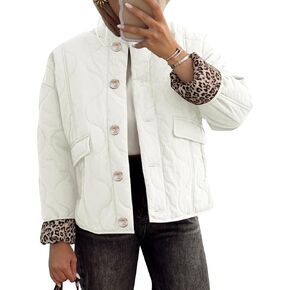 Kissonic Womens Quilted Lightweight Jackets Button Down Puffer Jacket Leopard Lined Bomber Coat with Pockets