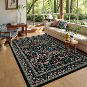 OJIA Black Rugs for Living Room 8x10 Washable Area Rugs for Bedroom, Boho Nature-Inspired Large Carpet Non-Slip Ultra-Thin Soft Floral Boho Nursery Rug for Kids Playroom Dining Room Home Decor