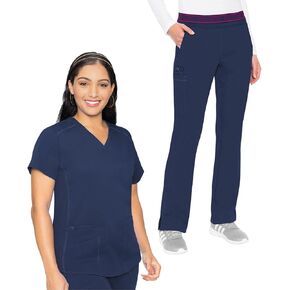 Med Couture Scrub Set for Women, 11 Pockets with V-Neck Scrub Top MC7459 and Comfortable Scrub Pants, MC7739, Navy - XL Top/XL Tall Pant