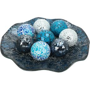 Suclain Centerpiece Bowl and Decorative Balls Set 8 Pcs Table Mosaic Plate with 2.4 Inch Glass Mosaic Orbs Glass Turquoise Tray and Spheres for Centerpiece Table Home Vases Decor (Multicolor)