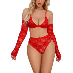 Sexy Lingerie for Women High Waist Bra and Panty Set Babydoll Bodysuit with Gloves
