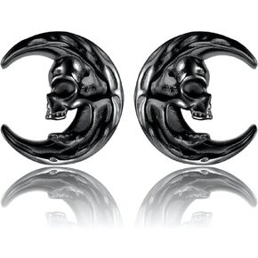 LADEMAYH 2Pcs Gothic Moon Shaped Ear Plugs Tunnels, Punk Dark Style Skull Design, Hypoallergenic, Surgical Stainless Steel 316L Body Piercing Gauges Earrings for Women & Mens