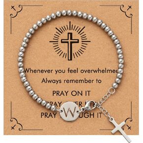 Bracelets for Women, Silver Beaded Initials with Cross Charm Bracelet, Christian Gifts for Women，Easter Baptism Confirmation Christmas Thanksgiving Inspirational Gifts for Mom Daughter Friend Sister