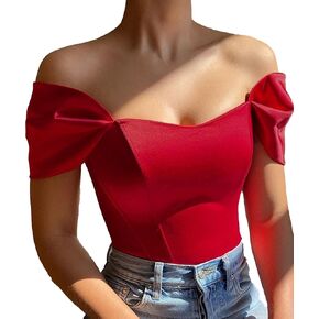xxxiticat Women’s Off Shoulder Corset Top Short Sleeve Satin Silk Bustier Crop Top Bodycon Slim Fit Fashion T-Shirt