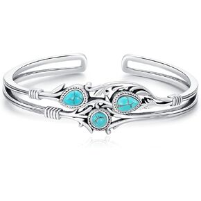 Genuine Turquoise Boho Leaf Bracelet, Sterling Silver Western Adjustable Bangle Cuff Native American Jewelry for Women, Fit for 6.5 7 7.5 Inches