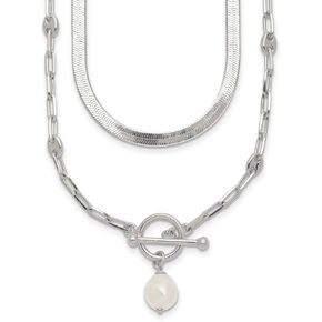 925 Sterling Silver Polished Crystal Pearl 2 Strand With 2 Inch Extension Choker Necklace 14 Inch-Choker-Necklace