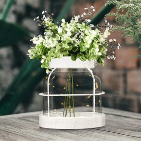 Farmhouse Rustic Glass Vases Home Decor Vintage Flower Lantern with Plants and Lights Centerpiece for Dining Table Primitive Floral Arrangement Gift for Kitchen Laundry Room Bathroom Dresser
