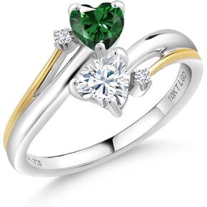 925 Silver and 10K Yellow Gold Gemstone Birthstone White Moissanite and Accent Lab Grown Diamond 2-Heart Promise Ring | Heart Shape 5MM | Round 1.3MM | Two-Tone Couple Engagement Mother Ring