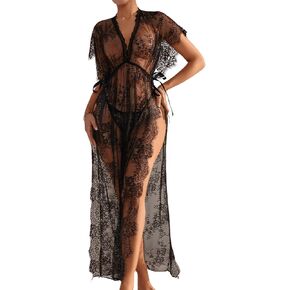SHENHE Women's Sheer Lace Lingerie Babydoll Chemise Deep V High Slit Long Nightgown with Thong