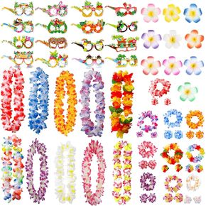 66PCS Hawaiian Leis for Luau Party with Headbands Wristbands Hair Clip Luau Glasses Tropical Party Decorations