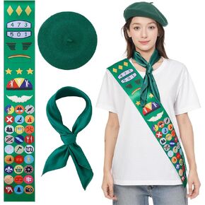 3 Pcs Scout Costume Set for Women and Girls Cosplay Uniform with Square Neck Scarf Satin Sash French Beret Hat