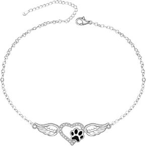 Fenthring Paw Print Ankle Bracelet Paw Anklet Sterling Silver Dog Paws Print Bracelet for Women Angel Wings Adjustable Foot Jewelry Memorial Cat Dog Mom Lover Gifts