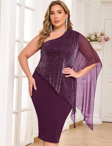 ZOMVA Plus Size One Shoulder Cape Dress Sparkly Overlay Bodycon Midi Wedding Guest Formal Cocktail Mother of Bride Outfit in Kuwait