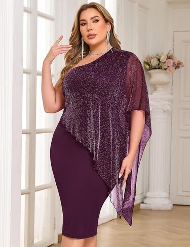 ZOMVA Plus Size One Shoulder Cape Dress Sparkly Overlay Bodycon Midi Wedding Guest Formal Cocktail Mother of Bride Outfit in Kuwait