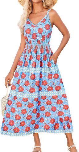 Grace Karin Women Summer Boho Dress 2025 Spaghetti Strap v Neck Smocked Flower Flowy Beach Maxi Bress مع جيوب in Saudi Arabia