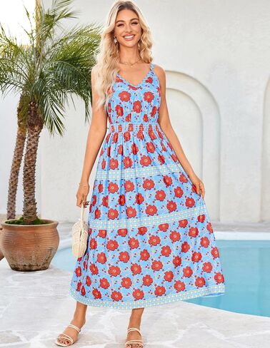 Grace Karin Women Summer Boho Dress 2025 Spaghetti Strap v Neck Smocked Flower Flowy Beach Maxi Bress مع جيوب in Saudi Arabia