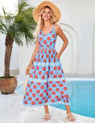 Grace Karin Women Summer Boho Dress 2025 Spaghetti Strap v Neck Smocked Flower Flowy Beach Maxi Bress مع جيوب in Saudi Arabia