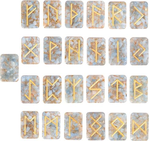 Nupuyai Resin Rectangle Rune Stones Set(25 Pcs), Engraved Lettering Rune Crystal Pocket Stones for Healing/Chakra/Meditation/Wicca, Aquamarine in Kuwait