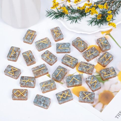 Nupuyai Resin Rectangle Rune Stones Set(25 Pcs), Engraved Lettering Rune Crystal Pocket Stones for Healing/Chakra/Meditation/Wicca, Aquamarine in Kuwait