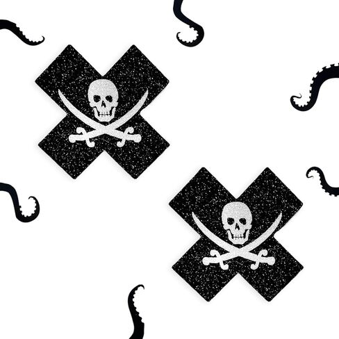 Sasswear Pirate Fasties Skull Nipple Covers for Rave ، Festivals Sexy Lingerie ، Black X Fasties Glitter ، Made in USA in Kuwait