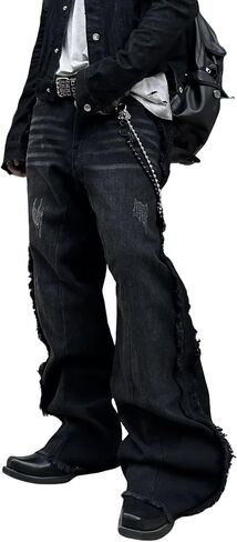 Mens Baggy Jeans Street Rock Style Fringe Frayed Edges Jeans Patchwork Wide Leg Skater Denim Pant in Saudi Arabia